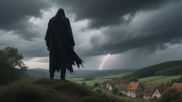Silhouette géante et menaçante vêtue d'un manteau noir déchiré, debout au sommet d'une colline boisée sous un ciel d'orage nuageux, lointain village alsacien avec toits en pente visible en contrebas