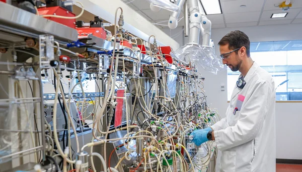 Un chercheur manipulant des tubes et machines dans un laboratoire LanzaTech dédié au recyclage du CO2.