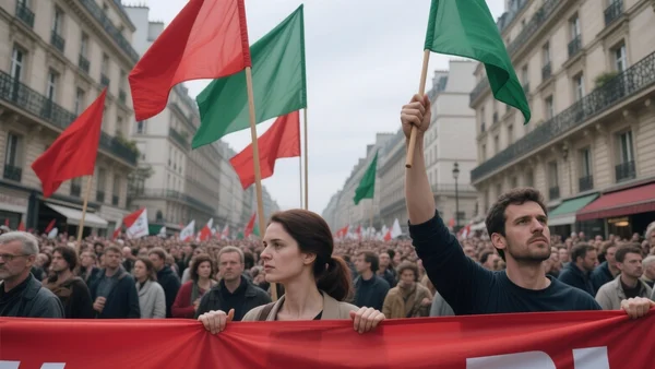 Grande scène de manifestation syndicale dans une ville française, drapeaux rouges et verts flottant au-dessus d'une foule dense de manifestants déterminés