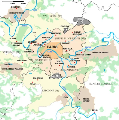 Carte administrative de l'agglomération parisienne et de ses départements limitrophes.