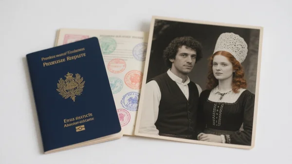 Gros plan d'un passeport français tamponné posé à côté d'une vieille photo en noir et blanc d'un couple en costume traditionnel, lumière douce