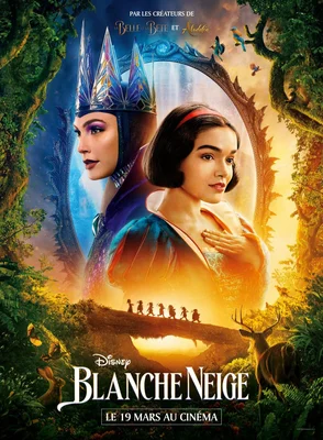 Affiche cinématographique de Blanche Neige présentant les héroïnes, un miroir magique et la forêt enchantée.