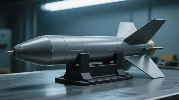 Vue en plan serré d'une bomblet GBU-39 posée sur un support militaire, métal gris avec ailettes déployées, lumière froide et industrielle