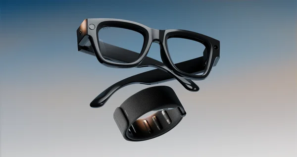 Les lunettes connectées Meta Ray-Ban Display présentées avec un bracelet assorti.