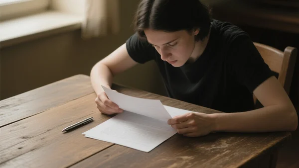 Premier plan d'une personne assise à une table en bois, regardant avec attention un contrat de crédit papier tenu à deux mains, stylo posé à côté, lumière tamisée d'intérieur