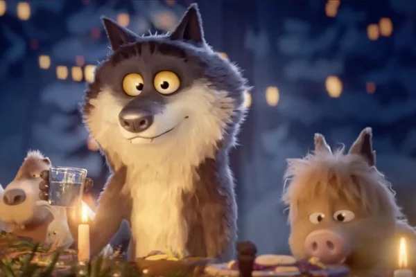 Illustration du 'Loup Mal-Aimé' entouré d'un ours et d'un cochon dans une forêt.