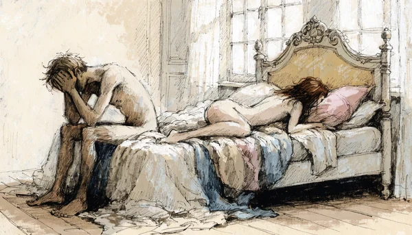 Homme assis au bord du lit dans une chambre, le dos courbé et la tête dans les mains, expression de découragement face à une silhouette partenaire allongée endormie sur le lit