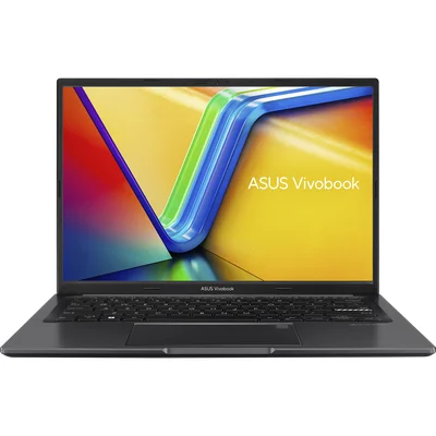 PC portable ASUS Vivobook 14 OLED avec affichage de la marque et design abstrait vibrant