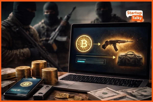Illustration numérique liant un symbole Bitcoin à un fusil d'assaut et de l'argent.