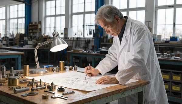 Homme âgé aux cheveux gris en blouse blanche, concentré sur un plan de travail technique dans un atelier lumineux, tenant un outil de précision