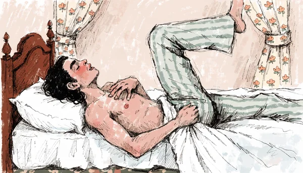 Orgasme prostatique sans érection chez un homme allongé sur le dos, visage marqué par l'intense plaisir, corps contracté