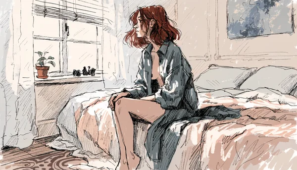 Jeune adulte assis seul au bord d'un lit le matin, regard perdu dans le vide, main posée sur le genou, lumière douce de fenêtre