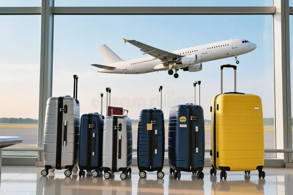 Rangée de valises colorées dans un aéroport avec un avion en arrière-plan.