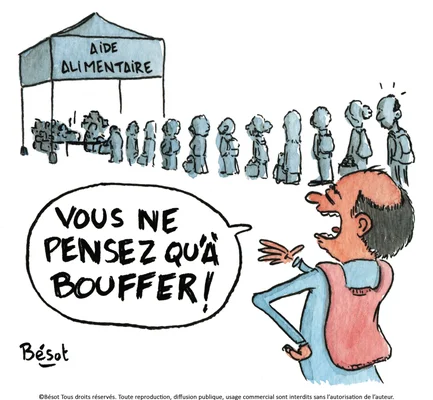 Un dessin de Bésot illustrant la précarité avec une file d'attente sous une tente Aide Alimentaire.