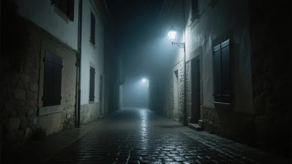 Ruelle étroite d'un village du Languedoc la nuit, pavés mouillés reflétant la lumière blafarde d'un réverbère, brouillard bas, atmosphère inquiétante