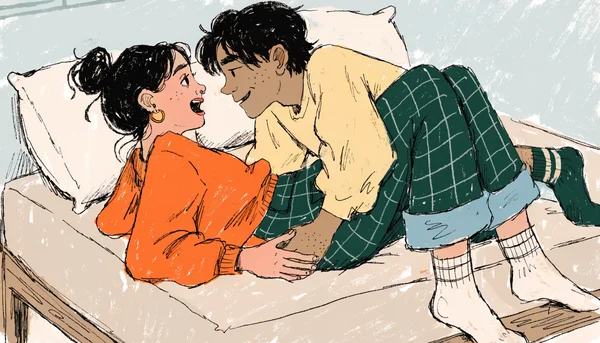 Femme allongée sur le dos pendant un rapport sexuel, guidant la main de son partenaire posée sur sa hanche pour ajuster le mouvement