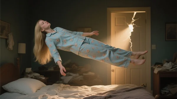 Adolescente vêtue d'un pyjama années 70 flottant horizontalement en l'air au milieu d'une chambre à coucher sombre, lumière éclairant le visage et le corps en suspension