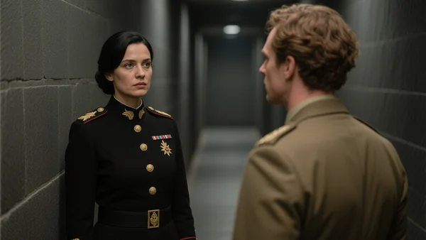 Une femme aux longs cheveux bruns porte une veste d'uniforme militaire noire décorée d'insignes dorés, elle dévisage un homme en uniforme debout devant elle dans un couloir aux murs de pierre sombre