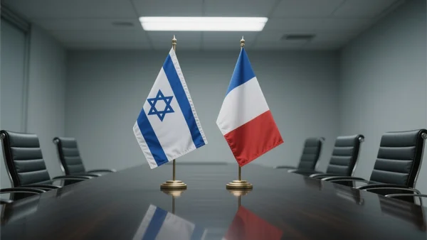 Drapeaux israélien et français posés côte à côte sur une table de négociation, lumière froide de bureau gouvernemental, vue en gros plan