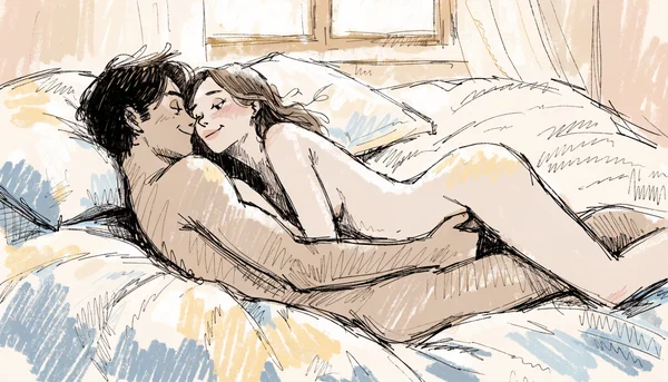 Pénétration superficielle, le pénis à l'entrée du vagin sans pénétration complète, vue de profil de deux corps nus