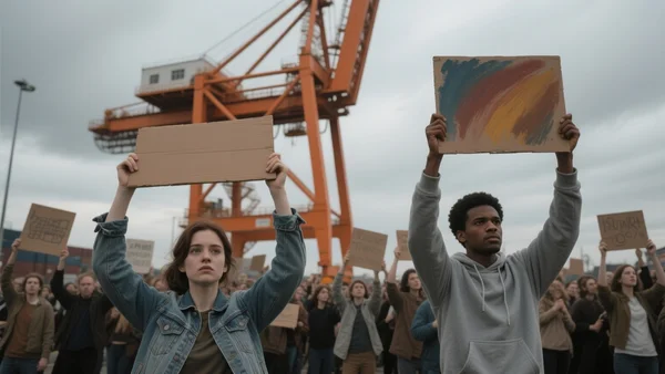 Foule de manifestants levant des panneaux peints à la main devant une grande grue portuaire, ciel nuageux, tenues décontractées et expressions déterminées