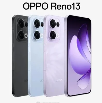 La gamme Oppo Reno13 présentée en quatre coloris : gris, bleu, violet et une vue de face.