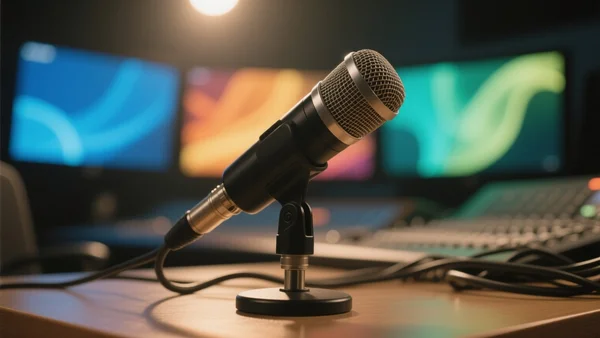 Caméra en contre-plongée d'un micro de télévision professionnel sur un plateau, flou d'arrière-plan montrant des écrans de contrôle lumineux