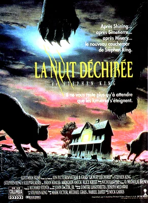 Affiche française de La Nuit Déchirée avec une maison au crépuscule, deux chats noirs et des griffures au-dessus.