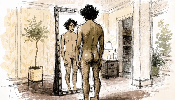 Homme nu debout de dos face à un miroir, regardant son reflet avec expression inquiète