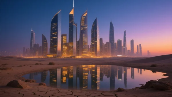 Skyline futuriste d'une ville du Moyen-Orient au crépuscule, gratte-ciel en verre et acier se reflétant dans un miroir d'eau calme, premier plan aride