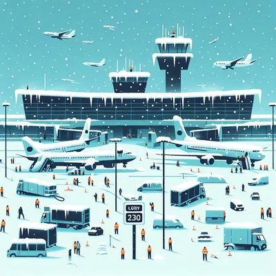 Illustration d'un aéroport sous la neige avec avions et personnel au sol