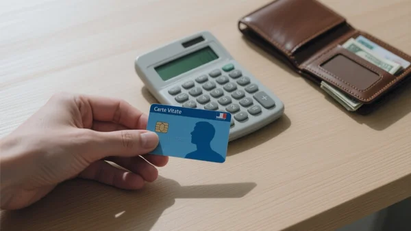 Gros plan sur une main d'étudiant tenant une carte vitale bleue à côté d'une calculatrice et d'un porte-monnaie ouvert sur une surface en bois clair