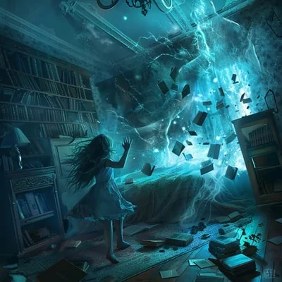 Illustration numérique de livres volants dans un tourbillon bleu