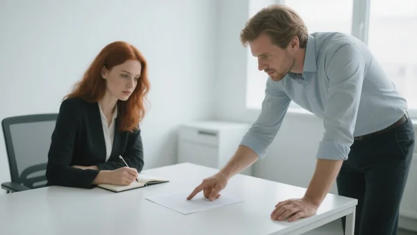 Deux professionnels en discussion autour d'une table dans un espace de travail moderne lumineux, l'un pointe un document posé sur la table, l'autre prend des notes