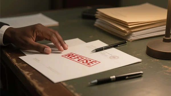 Premier plan d'une main posant un document administratif tamponné 'Refusé' sur un bureau en bois, lumière douce de bureau, stylo et dossiers en arrière-plan