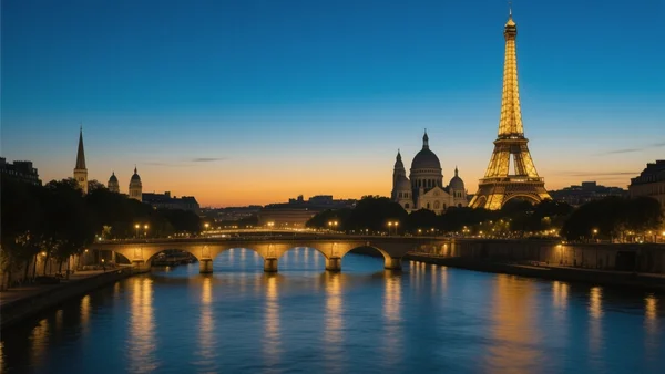 Vue panoramique de la skyline parisienne au crépuscule avec la Seine en premier plan, silhouettes des monuments illuminés, tons bleus et dorés