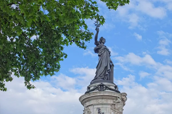 Vue de la Statue de la République avec le mot « ÉGALITÉ » gravé sur le socle, sous un ciel bleu.