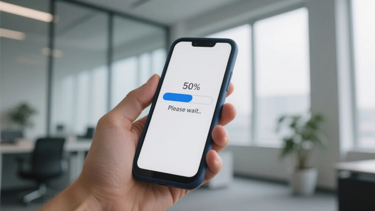 Vue en contre-plongée d'un smartphone Android tenu en main, affichant une barre de progression de chargement bloquée à 50% avec un message d'attente, fond flou de bureau moderne