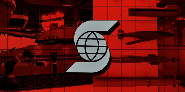 Logo stylisé représentant un globe et des tanks sur fond rouge teinté