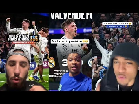 Montage graphique indiquant que Valverde a détruit Manchester City, avec des joueurs du Real Madrid célébrant.
