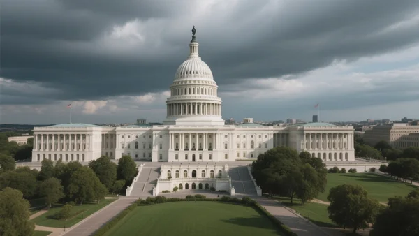 Vue aérienne du Capitole des États-Unis à Washington, dôme blanc surplombant la ville, ciel nuageux, perspective dramatique en contre-plongée