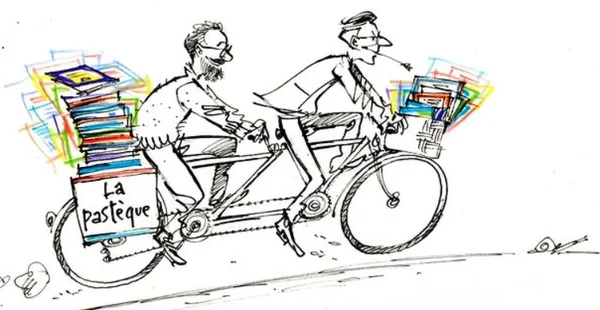 Alliance illustrée : deux partenaires pédalent ensemble pour transporter les livres de La Pastèque.