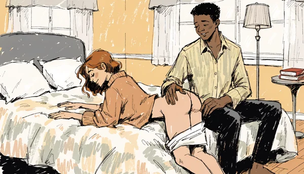 Fessée érotique, main sur fesse nue, chambre à coucher intime