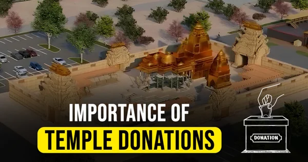 Graphique numérique d'un complexe de temple avec des flèches dorées, accompagné d'un texte sur l'importance des dons aux temples.