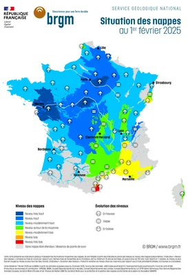 Carte de la situation des nappes d'eau souterraine en France au 1er février 2025 (BRGM).