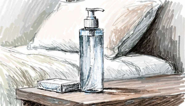 Flacon de lubrifiant à base d'eau debout à côté d'une boîte de préservatifs sur une table de nuit en bois, lumière naturelle