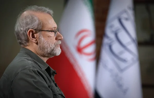 Ali Larijani de profil devant les drapeaux iraniens lors d'une cérémonie.