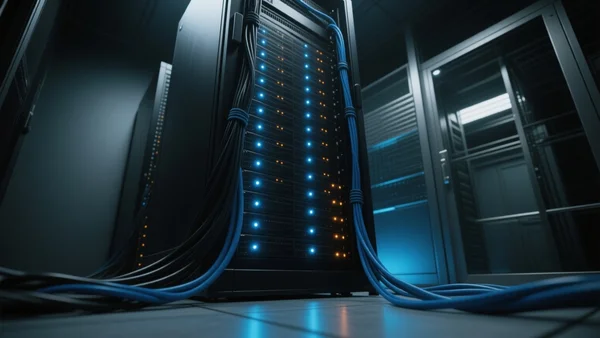 Plan en contre-plongée d'un serveur informatique dans une salle sombre éclairée par des lumières bleues, montrant des câbles et des clignotants