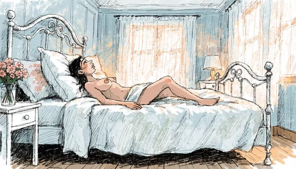 Jeune femme allongée sur le dos dans son lit, les yeux ouverts fixant le plafond, l'air perdue dans ses pensées, lumière tamisée de fin de journée