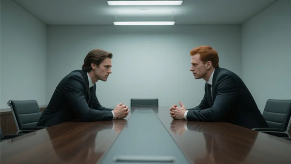 Deux personnes en costume sombre assises de part et d'autre d'une grande table de réunion, l'une tournée vers l'autre dans une posture de tension, lumière froide de bureau politique, composition serrée sur les mains et les visages